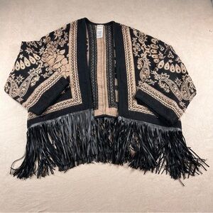 Chico's Black & Tan Fringed Open-Front Patterned Cape